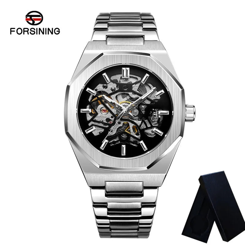 FORSINING New Automatic Mechanical Men Wristwatch Military Army Sport Male Clock Top Brand Luxury Silver Skeleton Man Watch 8198