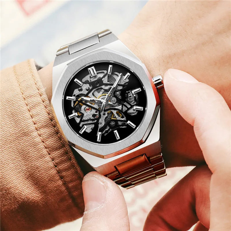 FORSINING New Automatic Mechanical Men Wristwatch Military Army Sport Male Clock Top Brand Luxury Silver Skeleton Man Watch 8198