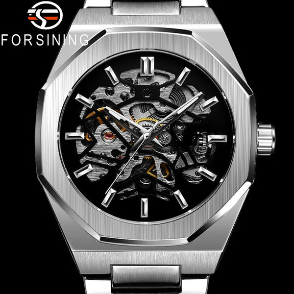 FORSINING New Automatic Mechanical Men Wristwatch Military Army Sport Male Clock Top Brand Luxury Silver Skeleton Man Watch 8198