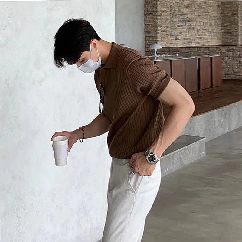 Men's Clothing Luxury Knitted Polo Shirt Casual Striped Button Down Solid Color Short Sleeve Tees Breathable 2024 New Knitwear