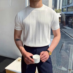 2023 Summer New Men High Grade Solid Color Knit T-shirt Male Slim Fit Fashion Round Collar Short Sleeve T-shirt Casual Top P79