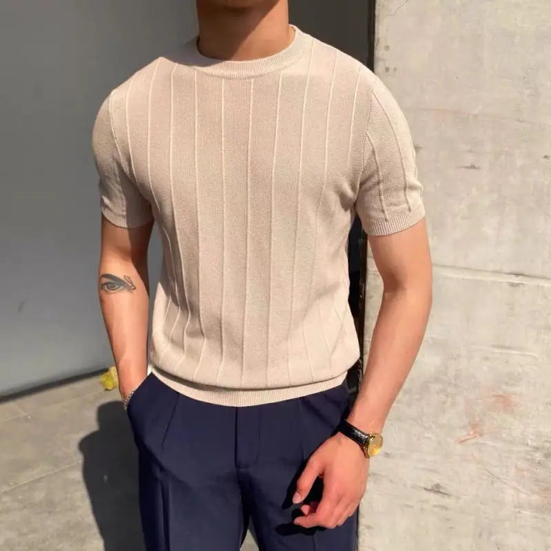 2023 Summer New Men High Grade Solid Color Knit T-shirt Male Slim Fit Fashion Round Collar Short Sleeve T-shirt Casual Top P79