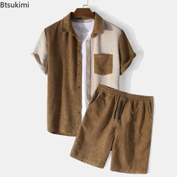 2024 Men's Waffle Casual Sets Men Fashion Patchwork Corduroy Short Sleeve Tops and Shorts Two Pieces Sets Male Tracksuit Outfits