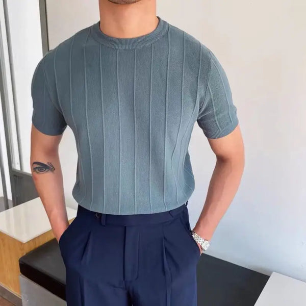 2023 Summer New Men High Grade Solid Color Knit T-shirt Male Slim Fit Fashion Round Collar Short Sleeve T-shirt Casual Top P79