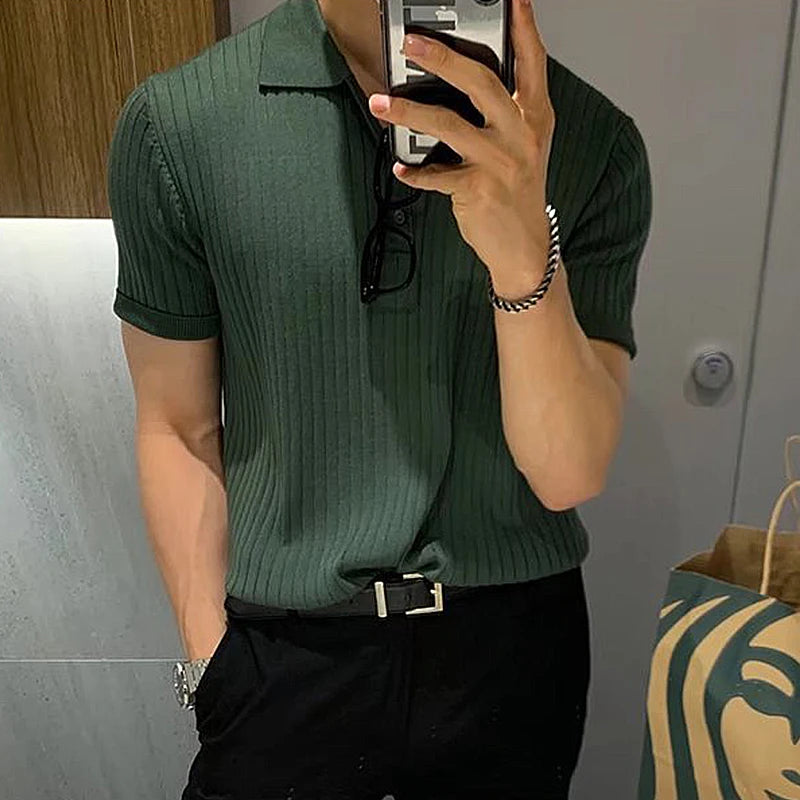 Men's Clothing Luxury Knitted Polo Shirt Casual Striped Button Down Solid Color Short Sleeve Tees Breathable 2024 New Knitwear