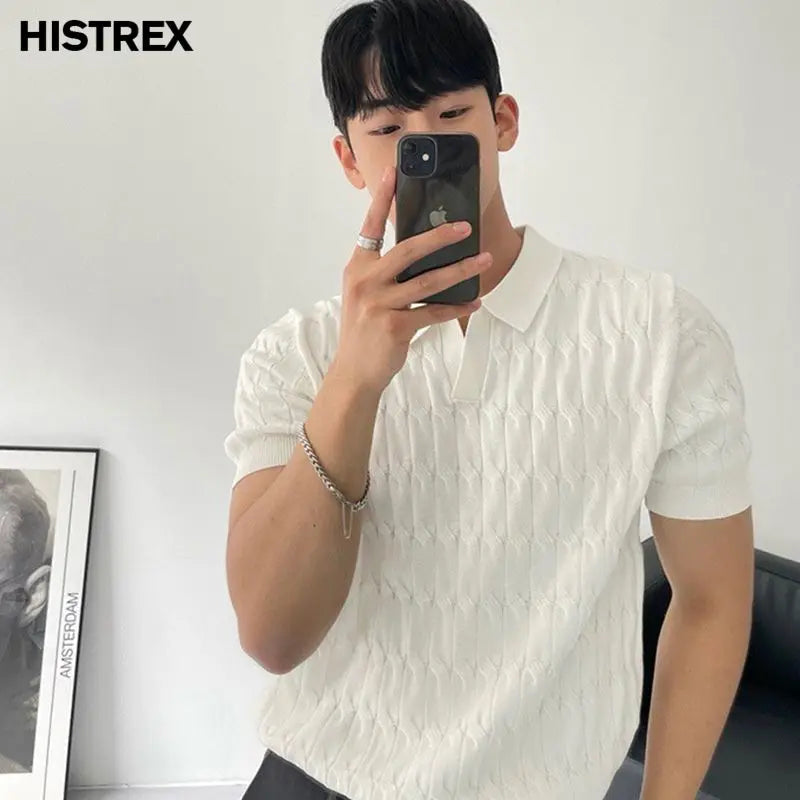 Men's Light Luxury Knitted Polo Shirt,Korean Casual Stripe V-Neck Solid Jacquard,Breathable Short Sleeve T Shirt,Man Clothing