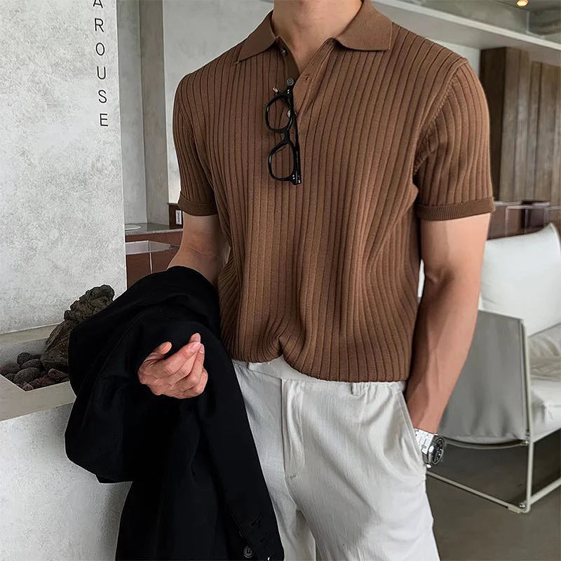 Men's Clothing Luxury Knitted Polo Shirt Casual Striped Button Down Solid Color Short Sleeve Tees Breathable 2024 New Knitwear