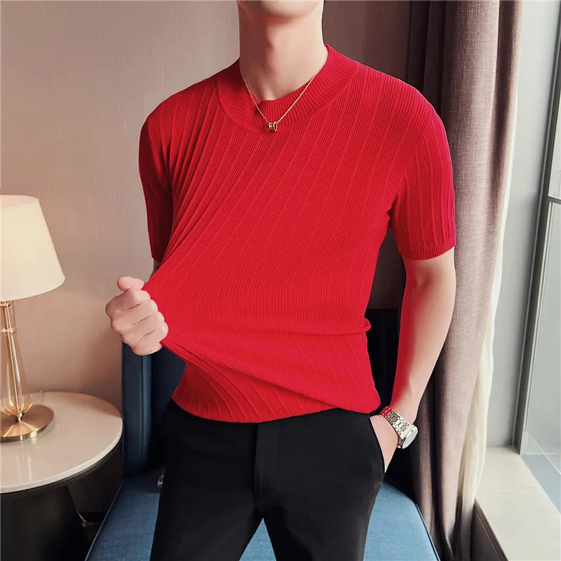 Men's High-End Casual Short Sleeve knitting Sweater/Male High collar Slim Fit Stripe Set head Knit Shirts Plus size S-4XL