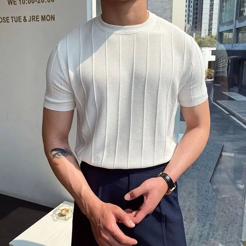 2023 Summer New Men High Grade Solid Color Knit T-shirt Male Slim Fit Fashion Round Collar Short Sleeve T-shirt Casual Top P79