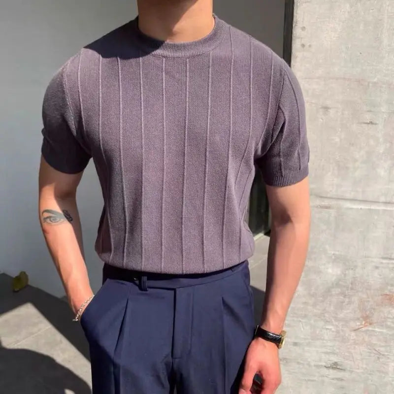 2023 Summer New Men High Grade Solid Color Knit T-shirt Male Slim Fit Fashion Round Collar Short Sleeve T-shirt Casual Top P79