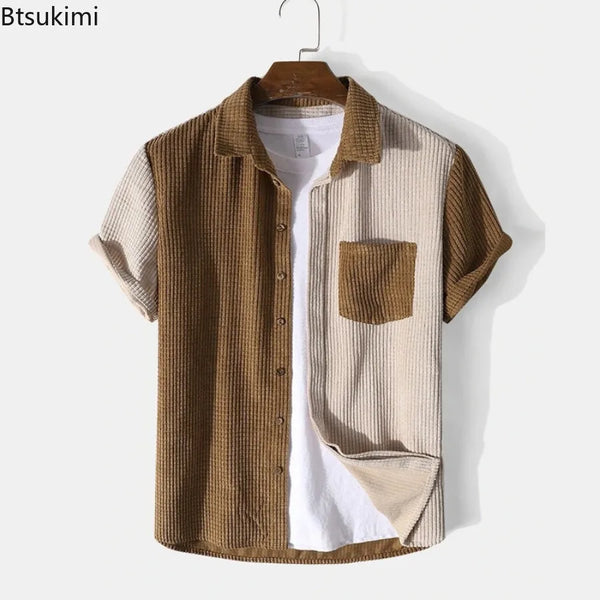 2024 Men's Waffle Casual Sets Men Fashion Patchwork Corduroy Short Sleeve Tops and Shorts Two Pieces Sets Male Tracksuit Outfits