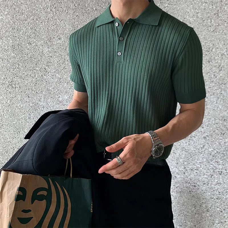 Men's Clothing Luxury Knitted Polo Shirt Casual Striped Button Down Solid Color Short Sleeve Tees Breathable 2024 New Knitwear